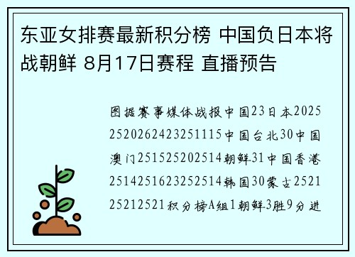 东亚女排赛最新积分榜 中国负日本将战朝鲜 8月17日赛程 直播预告